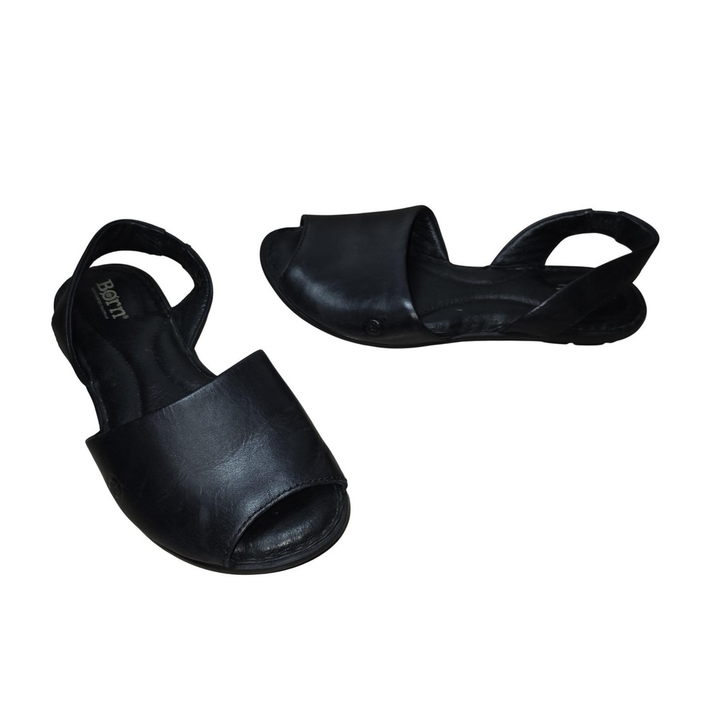 Born Shoes Womens Size 6 Black Leather Slingback Flat Sandals Comfort Slip On